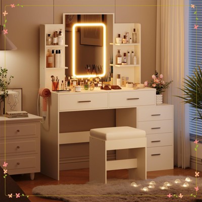 Makeup Vanity with Charging Station - 3 Lighting Color Adjustable 6 Drawers and Shelves