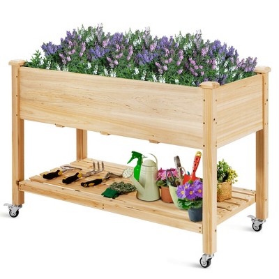 Costway Raised Garden Bed Wood Elevated Planter Bed w/Lockable Wheels Shelf & Liner