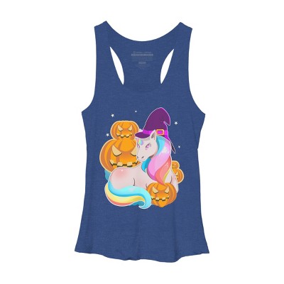 Women's Design By Humans Cute Unicorn With Jack O Lantern Halloween T Shirt By thebeardstudio Racerback Tank Top