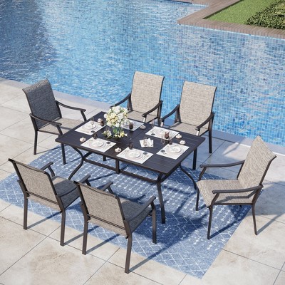 Captiva Designs 7pc Patio Outdoor Dining Rectangle Steel Table with Umbrella Hole & Brown Textilene Arm Chairs