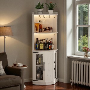 Mshliw 67.3" Corner Bar Cabinet with Glass Rack & Adjustable Shelves, Farmhouse Wine Bar Cabinet for Dining Room, Living Room or Kitchen - 1 of 4