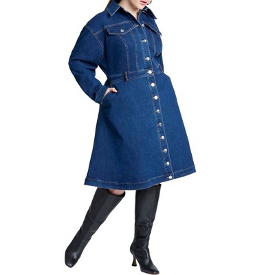 ELOQUII Women's Plus Size Denim Fit And Flare Shirt Dress