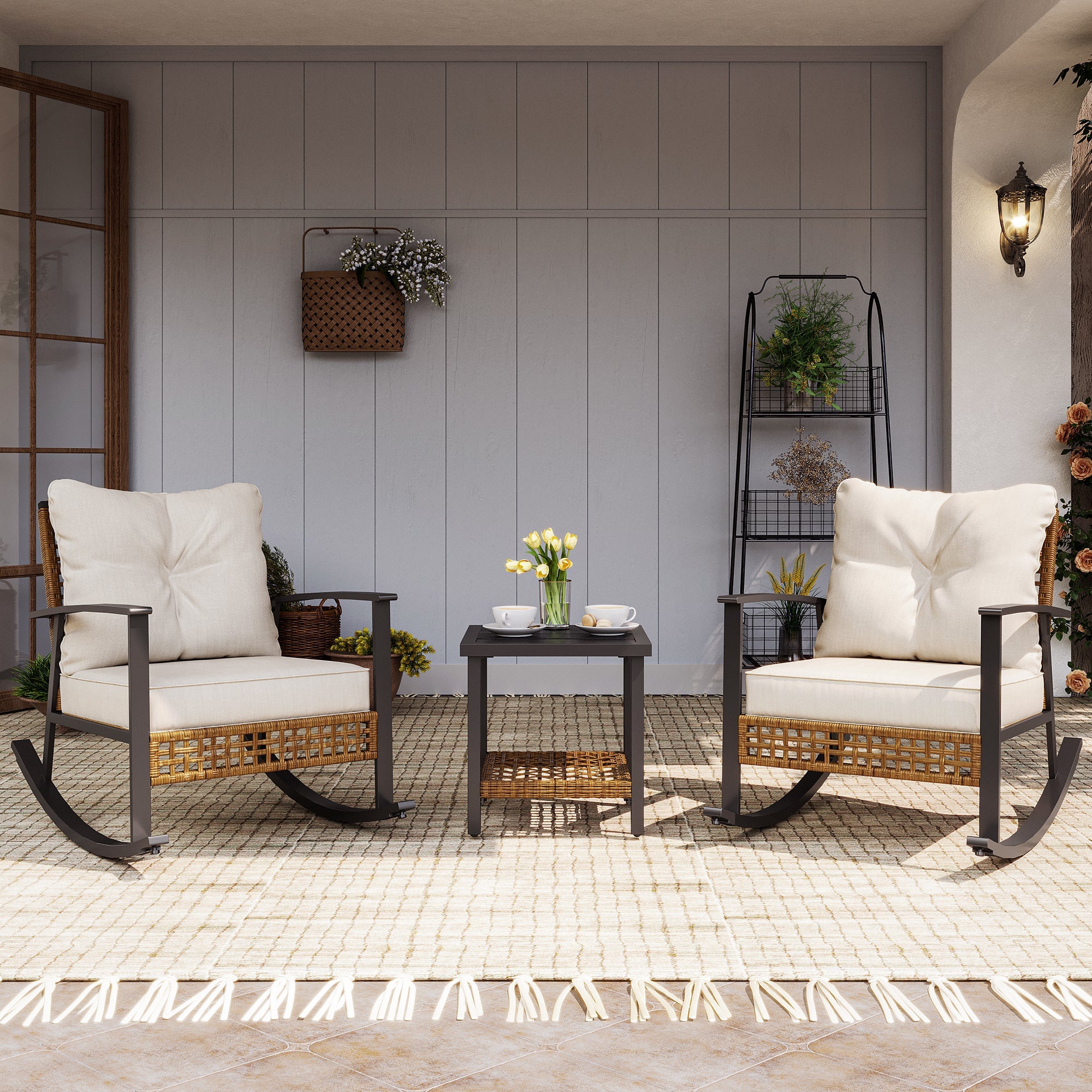 LAUSAINT HOME 3 Pieces Rocking Bistro Set, Oversize Rattan Conversation Set, Thick Cushions for Garden, Balcony, Backyard
