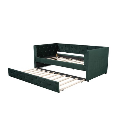 Bellemave Velvet Upholstered Twin Size daybed with Trundle Platform bed frame with Armrest for Living Room,Green