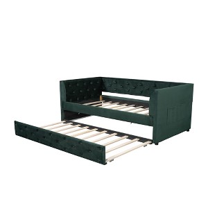 Bellemave Velvet Upholstered Twin Size daybed with Trundle Platform bed frame with Armrest for Living Room,Green - 1 of 4