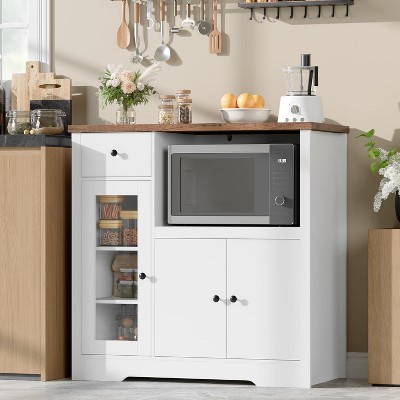 Kitchen Microwave Cabinet with Storage & Drawers, Small Buffet Cabinet with Glass Doors & Adjustable Shelf, Wooden Sideboard
