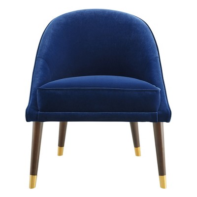 Wood and Velvet Accent Chair with Upholstered Seat and Back, Mid-Century Modern Splayed Legs, Brass-Colored Tips, Welted Cushion