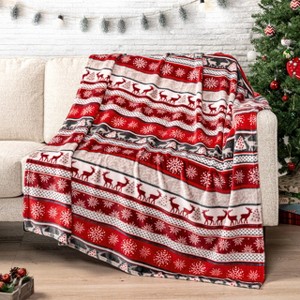 Holiday Reindeer Snowflakes Fleece Throw Blanket | Soft, Plush, Warm Winter Cabin Throw, 50x60, Red - 1 of 4