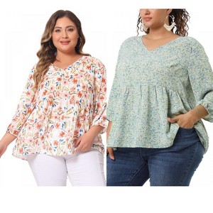 Women's Plus Size 2 Pieces V Neck Babydoll 3/4 Sleeve Pleat Floral Flowy Blouses - Agnes Orinda - 1 of 4