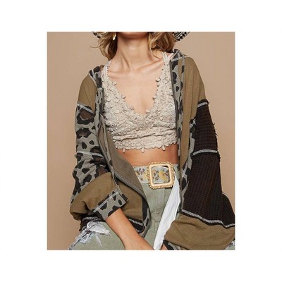 Women's Semi Cropped Leopard Print Zip Up Hoodie - POL
