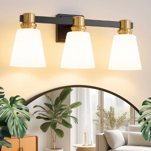 POWLIG 22-in 3-Light Black&Gold Modern Dimmable Vanity Light with Cone Milk White Glass Shade Suitable for Bathroom Living Room - 1 of 4