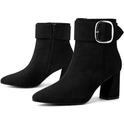 BLISSFUL STEP Square Buckle Chunky Heels Pointed Toe Ankle Boots for Women