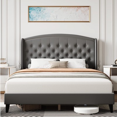 Full Size Bed Frame, Upholstered Platform Bed with Wingback Headboard and Button Tufted Design