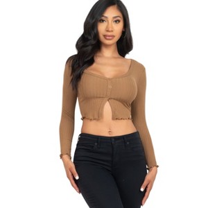 Slickblue Women's Ribbed Long Sleeve Button-Front Top, Cropped Fit, Casual Stretch Style, 10 Color Options, Size S-L - 1 of 4