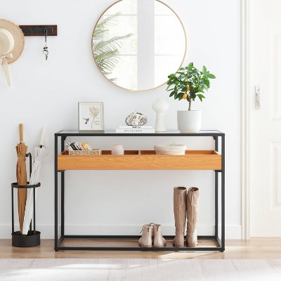 Golden Oak and Black Metal Console Table with Glass Top and Storage Shelf