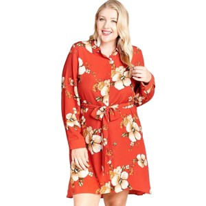 Slickblue Floral Woven Shirt Dress for Plus Size Women – Button-down Collared Dress in Eggplant/Rust, 1XL-3XL - 1 of 3