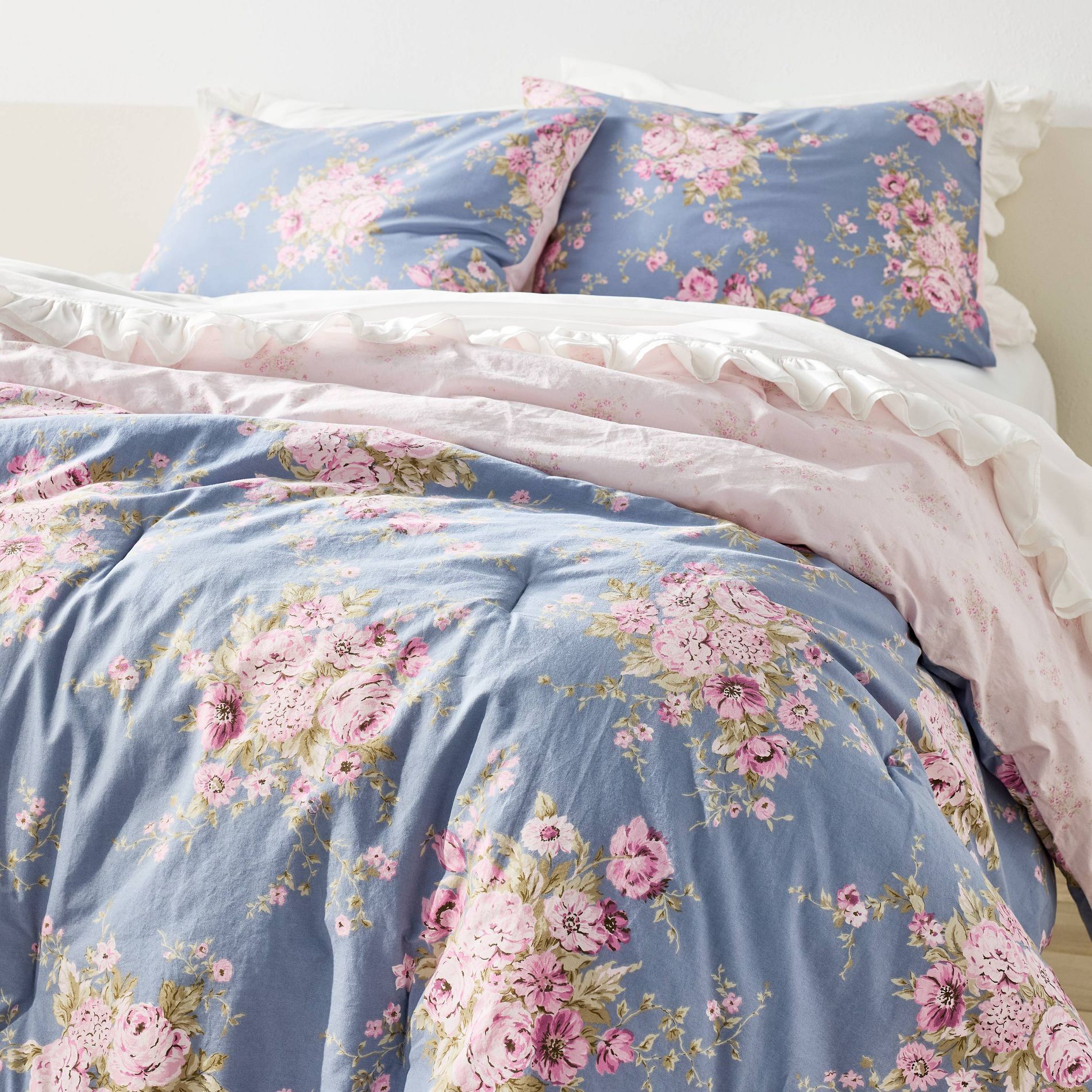 Printed Floral Cotton Comforter Set Blue Simply Shabby Chic