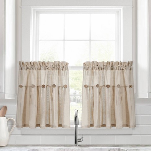 Set Of 2 Farmhouse Linen Button Kitchen Curtain Tiers - Lush Décor : Target