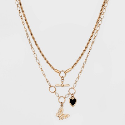 Toggle Mixed Butterfly and Heart Charm Layered Chain Necklace - Universal Thread™ Black/White