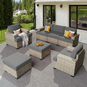 XIZZI All-Weather Rattan Furniture, Sectional Sets w/ Optional Solar Light-Up Coffee Table & Ottoman, Choose 6-9pc Configs in 8 Fade Resistant Colors - 1 of 4