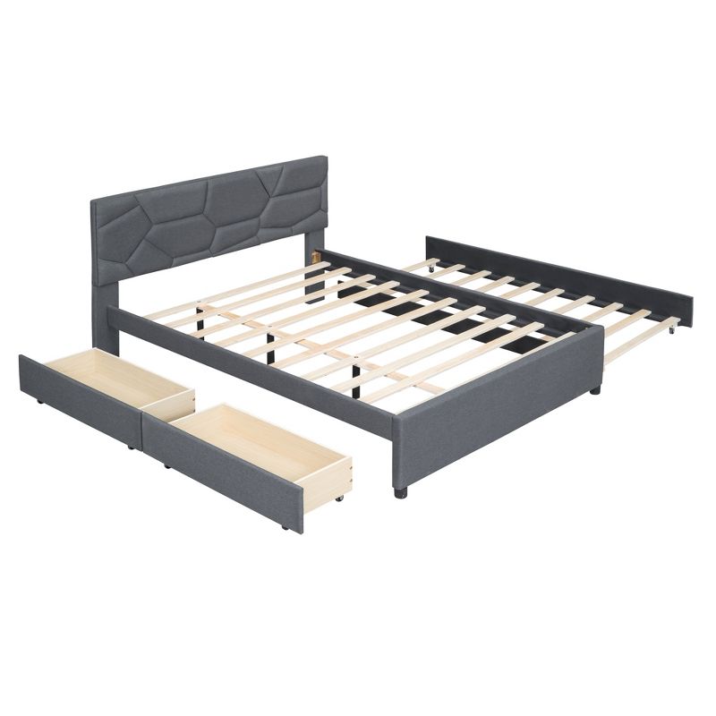 Upholstered Platform Bed with Brick Pattern Headboard, Trundle Bed and 2 drawers-ModernLuxe, 5 of 15