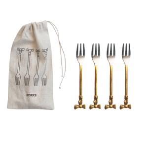 Storied Home 4-Piece Appetizer Forks with Gold Finish Bow Handles, Stainless Steel and Brass - 1 of 2