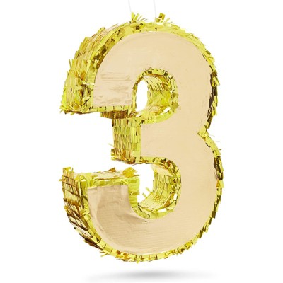 Juvale Number 3 Gold Foil Party Pinata for Third 3rd Birthday, Centerpiece Decoration 15.5"X10.5"X3"