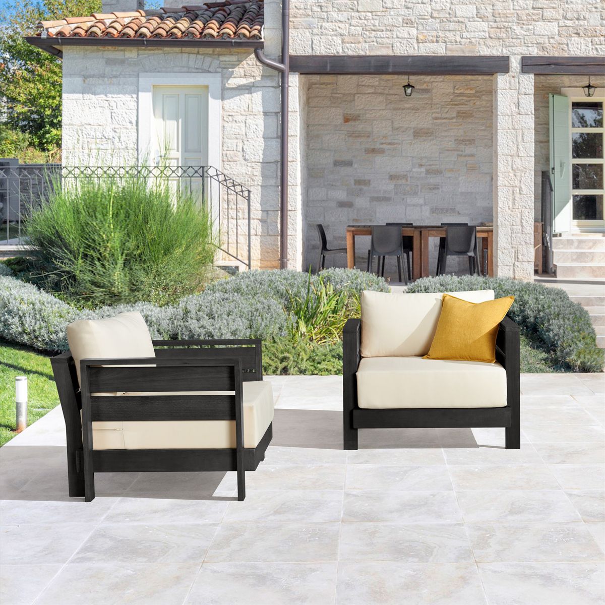 Alaterre Furniture Barton Outdoor Patio Chairs Set of 2 - Weather-Resistant Eucalyptus Wood Armchairs with Thick Cushions - (Black) - thumbnail 2