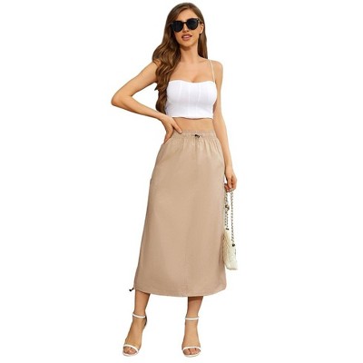 Women Y2k Cargo Long Skirt Low Waist Drawstring Maxi Skirt Ruched Vintage Slit Cargo Skirt with Pockets