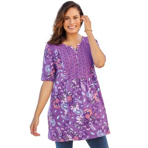 Woman Within Plus Size Mixed Print Henley Tunic - 1 of 4