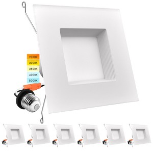 Luxrite 5/6 Inch LED Square Recessed Lighting, 14W=90W, 5CCT 2700K-5000K, Dimmable, 1100LM, Wet Rated, IC Rated, Baffle Trim 6 Pack - 1 of 4