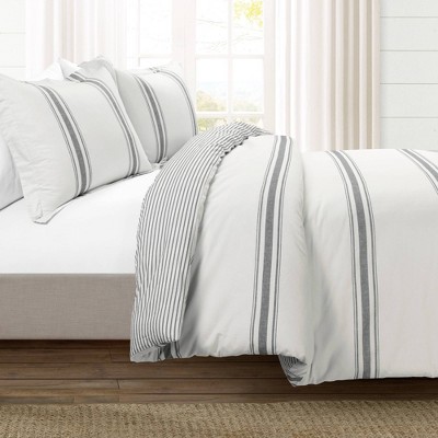 Dark Gray and White Cotton Twin XL Reversible Duvet Cover Set