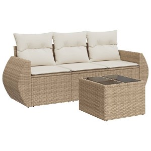 vidaXL 4 Piece Patio Sofa Set with Cushions Beige and Cream Poly Rattan - With Table - 1 of 4