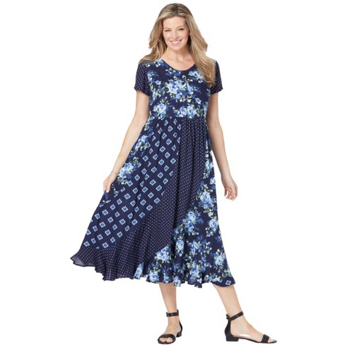 Woman Within Women's Plus Size Rose Garden Maxi Dress - 14 W, Navy ...