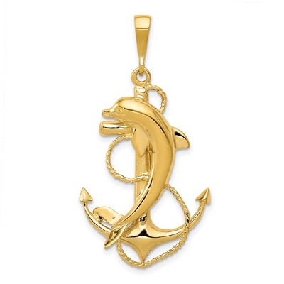 Black Bow Jewelry 14k Yellow Gold Large Polished Anchor with Dolphin Pendant