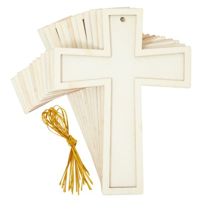 Bright Creations 12 Pack Unfinished Small Wooden Crosses for Crafts with Gold String for DIY Ornaments, 3.8x5 in