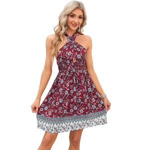 Coolmee Women's Summer Mini Dress Boho Sleeveless Halter Backless Tie Back Floral Bodycon Short Sundress - 1 of 4