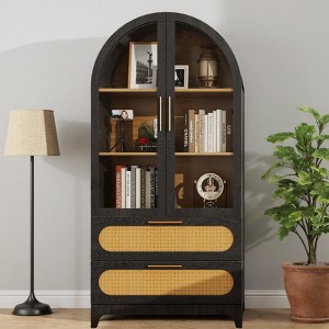 FONTOI 60" / 63" Arched Storage Cabinet with Glass Doors & Rattan Drawers, 5 Tier Display Cabinet for Living Room, Kitchen, Dining Room - 1 of 4