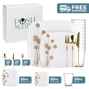 Posh Setting 140 Piece White And Gold Plastic Party Bundle - Dandelion (20 Settings) - 1 of 4