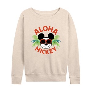 Women's - Disney - Aloha Mickey Lightweight French Terry Wide Neck Long Sleeve Shirt - 1 of 4