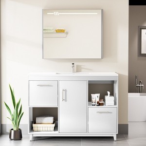 HYLEORY 48.03 in. W X 18.11 in. D X 35.04 in. H Basin Vanity with White Marble Top, Drawers and Open Shelf - 1 of 4