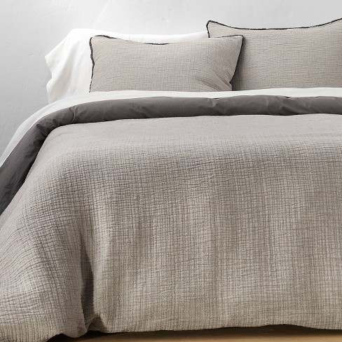 Full/Queen Textured Chambray Cotton Duvet & Sham Set Dark Gray - Casaluna™