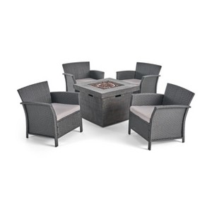 Christopher Knight Home Raina Outdoor Wicker 5 Piece Club Chair and Fire Pit Set with Cushion - 1 of 4