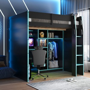 Full Size Wood Gaming Loft Bed with Desk, Open Wardrobe, Storage Compartments & RGB Lights - ModernLuxe - 1 of 4