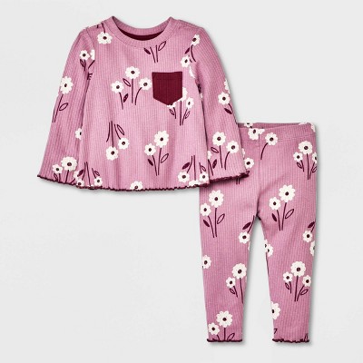 Image of Baby Girls' 2pc Floral Lettuce Edge Ribbed Top & Bottom Set - Cat & Jack™ Purple Newborn