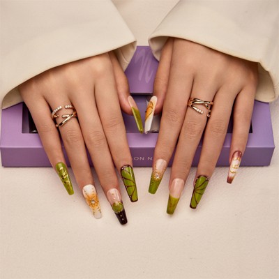 YEVYO Press on Nails Long, Rhinestone Square Bling Glossy 3D Flower for Women and Girls On Fake Nails - Green - 10 Pcs