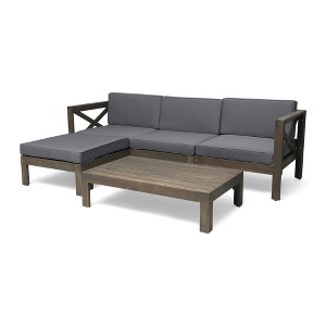 Water-Resistant Cushions, Acacia Wood Frame，Outdoor Patio Furniture L-Shaped Sectional Sofa  ，DARK GREY As shown - 1 of 3