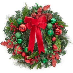 Pre-Lit Christmas Wreath for Front Door, 22 Inch Large Christmas Wreath with 30 LED, Red Green Balls, Velvet Ribbon for Fireplace Window Wall Decor - 1 of 4