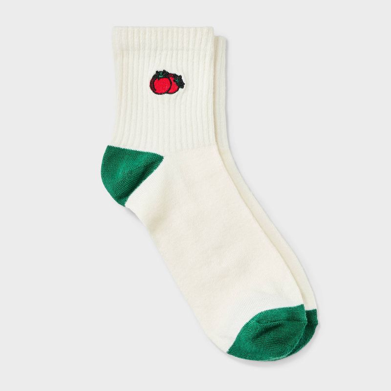 Women's Fashion Ribbed Ankle Single Tomato Embroidered Socks - Off-White