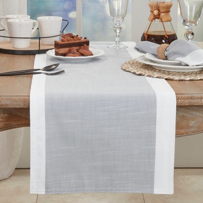 Gray and White Polyester Banded Border Table Runner